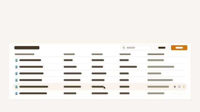 Seamless 4K looping user interface animation: table rows highlighting light interface. Clean flat vector mockup with grey placeholder bars instead of text, in orange and amber on a light theme, leavin
