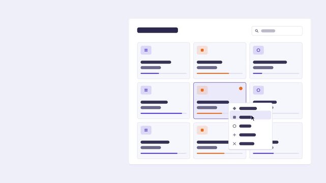 Animated context menu appearing light layout drawn as a minimal interface mockup in blue and azure, light mode. Smooth 4K seamless loop with blank placeholder content and room for your own copy. Wides