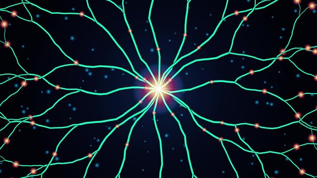 An abstract digital illustration featuring glowing neural pathways radiating from a central bright energy source