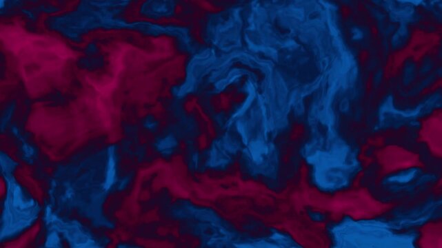 Looping abstract pattern of swirling blue and red ink on dark background