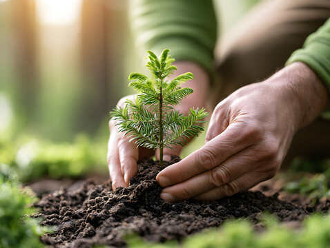 Close up of hands planting young tree sapling in dark soil, with gentle care and warm natural light