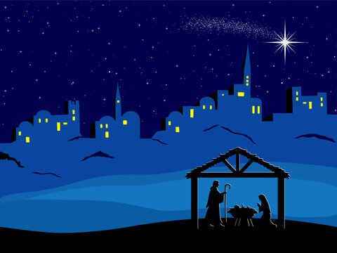 Nativity scene shows Mary and Joseph watching over baby Jesus in a manger, beneath a bright star, with Bethlehem glowing in the background at night.