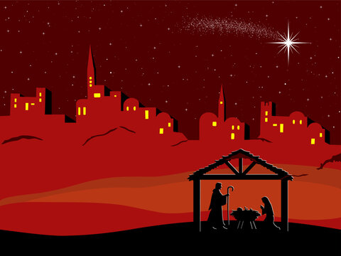 Nativity scene shows Mary and Joseph watching over baby Jesus in a manger, beneath a bright star, with Bethlehem glowing in the background at night.