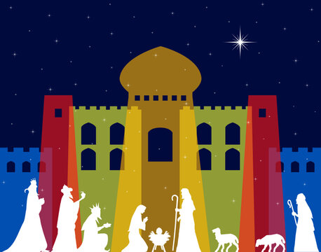 The Nativity scene set before a colorful palace, beneath the Star of Bethlehem in a starry night sky. This religious illustration evokes the Nativity, biblical narrative and tradition of Christmas.