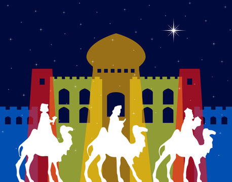 Three Wise Men ride camels past a colorful palace beneath the star of Bethlehem in a starry night sky. A festive religious illustration evokes the Christmas Nativity, biblical journey and tradition.