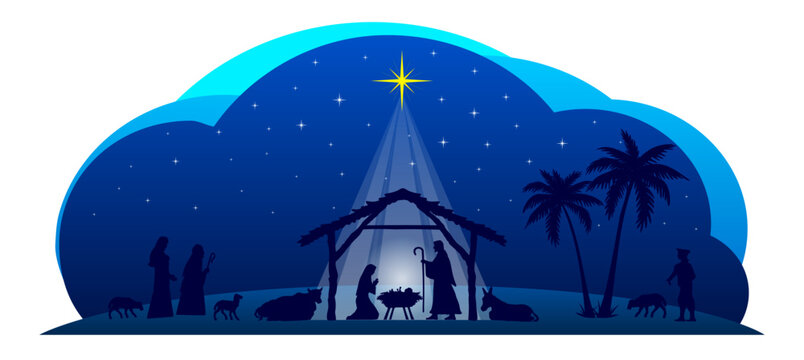 Christmas nativity scene shows Mary and Joseph beside the manger with baby Jesus, while a bright star shines over Three Wise Men, shepherds, sheep and palm trees in a peaceful desert night silhouette.