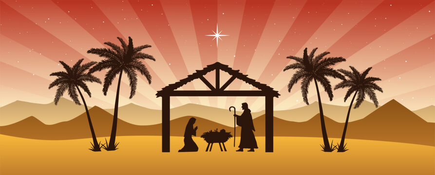 Nativity silhouette shows Mary, Joseph, and baby Jesus in a stable beneath a shining star at night, with palm trees and lightbeams, creating an evocative Christmas scene.