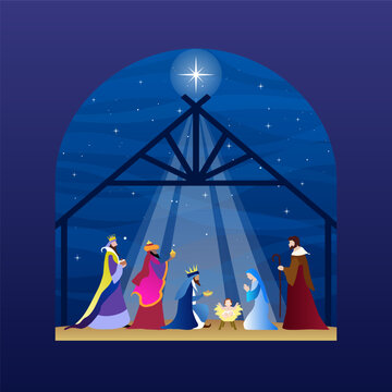 Christmas Nativity scene illustration showing baby Jesus in a manger with Mary, Joseph and the Wise Men beneath a radiant star. Colorful vector artwork conveys worship, faith and the holy birth.