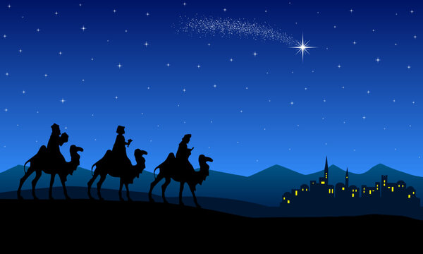 A nativity scene silhouette depicting the Three Wise Men traveling toward Bethlehem in the distance, beneath a shining comet star in the night, creating an evocative Christmas scene.