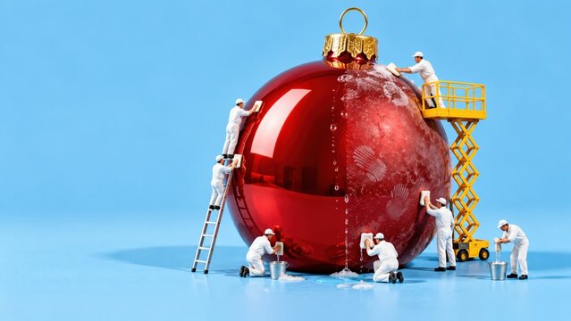 Christmas ornament bauble in glossy deep red being polished by miniature workers for holiday preparation and festive advertising, with copy space