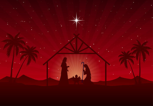 Nativity silhouette shows Mary, Joseph, and baby Jesus in a stable beneath a shining star at night. The Holy Family with palm trees and distant hills, creating an evocative Christmas scene.