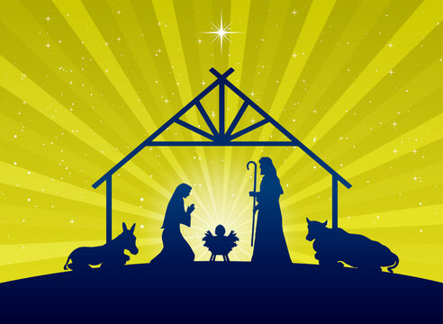 Nativity silhouette shows Mary, Joseph, and baby Jesus in a stable beneath a shining star at night with animals, against a starry sky with lightbeams, creating an evocative Christmas scene.