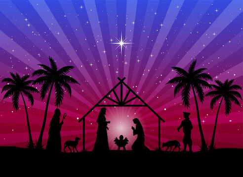 Nativity silhouette shows Mary, Joseph, and baby Jesus in a stable beneath a shining star at night shepherds and animals. Starry sky and lightbeams creating an evocative Christmas scene.