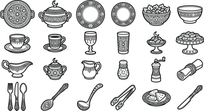 Decorative Islamic Tableware Set: A collection of intricately designed tableware, including bowls, cups, plates, and serving dishes, adorned with traditional Islamic patterns and motifs.