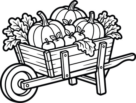 Autumn Harvest Wheelbarrow: A rustic wooden wheelbarrow overflows with pumpkins and apples, surrounded by autumn leaves, ready for harvest and decoration.