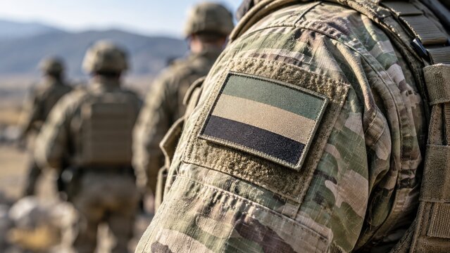 Camouflage shoulder with an abstract striped patch and blurred figures