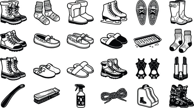 Assortment of Footwear and Accessories: A collection of various shoes, boots, socks, and shoe care items presented in a clean graphic style.