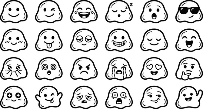 Collection of Cute Blob Monster Emoticons: A grid of doodle-style blob monsters, each displaying a unique emotion or expression, from joy and laughter to surprise and sadness.