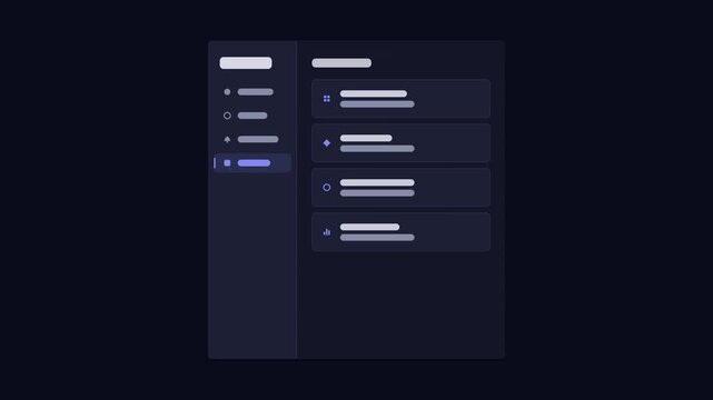 Seamless 4K looping user interface animation: vertical tabs switch dark screen. Clean flat vector mockup with grey placeholder bars instead of text, in blue and azure on a dark theme, leaving copy spa