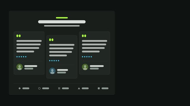Animated testimonial cards reveal dark layout drawn as a minimal interface mockup in green and emerald, dark mode. Smooth 4K seamless loop with blank placeholder content and room for your own copy. Wi