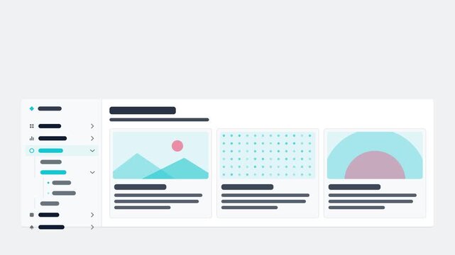 Animated nested menu expanding light interface drawn as a minimal interface mockup in teal and cyan, light mode. Smooth 4K seamless loop with blank placeholder content and room for your own copy. Wide