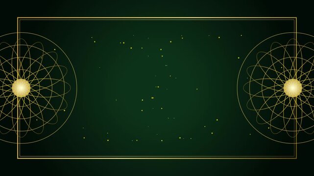Elegant dark green background with golden geometric mandala patterns and a rectangular frame, perfect for luxury invitations, greeting cards, or festive event designs