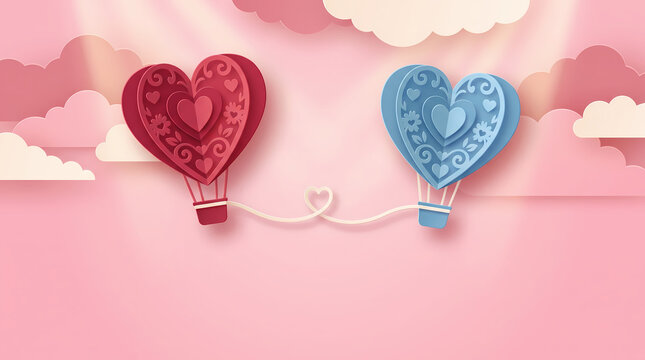 romantic 3d paper cut heart hot air balloons vector illustration for valentine s day cards wedding branding commercial romance designs