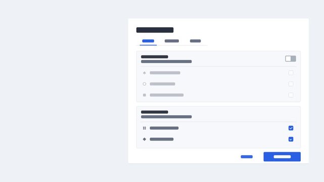 Seamless 4K looping user interface animation: settings panel toggles light layout. Clean flat vector mockup with grey placeholder bars instead of text, in blue and azure on a light theme, leaving copy