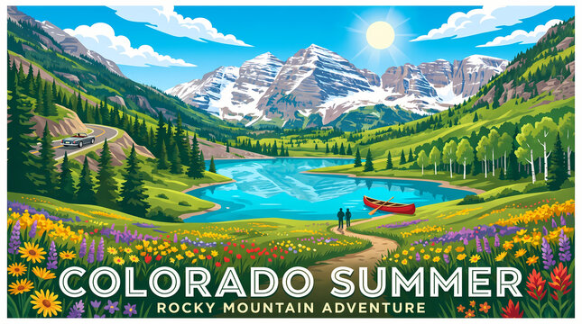 colorado summer vector illustration rocky mountain peaks wildflower meadows crystal lakes for travel posters postcards outdoor merch
