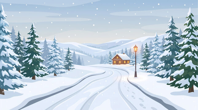 serene snowy winding road vector illustration winter landscape scene for holiday cards travel branding seasonal marketing