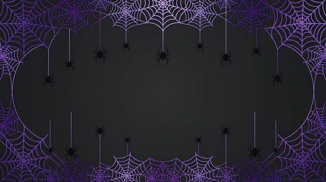 Border frame of hanging spiders and webs on a dark purple background