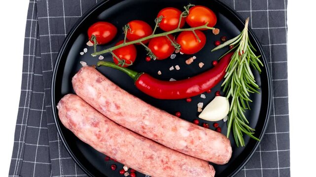 Raw sausage presented on a black plate alongside a vine of fresh cherry tomatoes, a red chili pepper, a clove of garlic, and a sprig of rosemary.