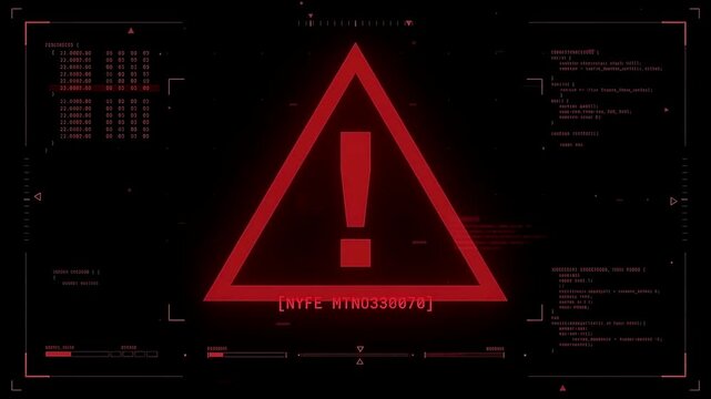 Glowing red warning triangle symbol flashing inside futuristic digital interface screen with computer code elements