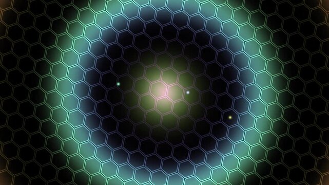 Neon hexagonal grid with glowing purple and green lights in a seamless loop.