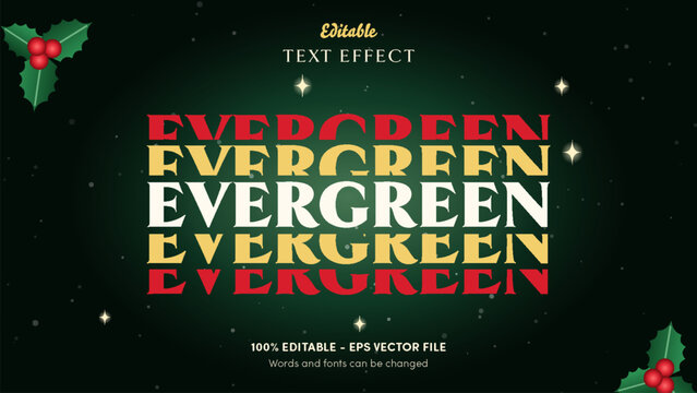 Evergreen Christmas echo text effect with snowy white serif caps and gold and cranberry slices on pine green