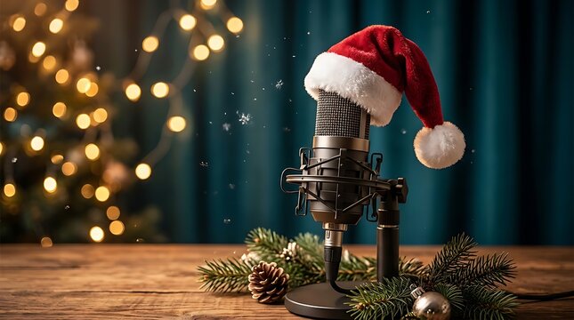 Retro microphone wearing a santa claus hat on a wooden table for christmas