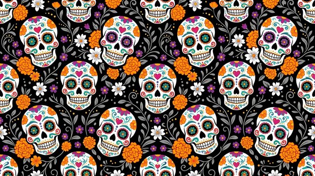 Seamless pattern with sugar skulls and marigold flowers for day of the dead