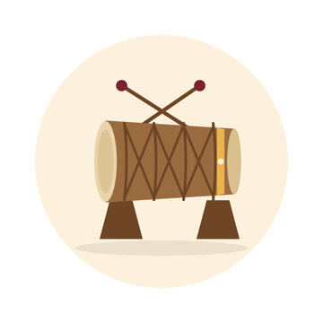 Flat vector illustration of a bedug traditional Indonesian Ramadan drum with rope lacing and drumsticks on a wooden stand on cream background