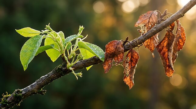 Branch showing the of seasons from dead withered leaves to fresh green foliage