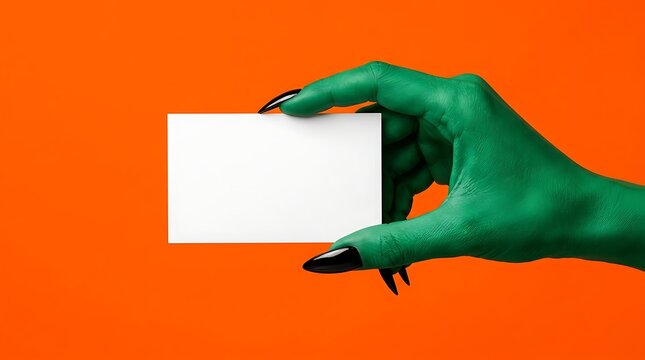 Green monster hand holding blank white business card against bright orange