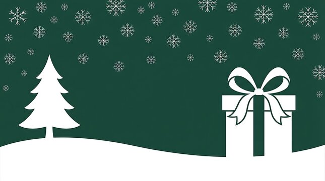 White christmas tree and gift box in a snowy landscape with falling snow