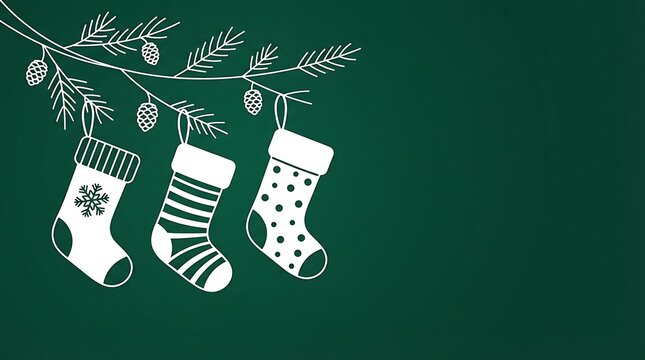 Three decorative christmas stockings hanging from a pine tree branch
