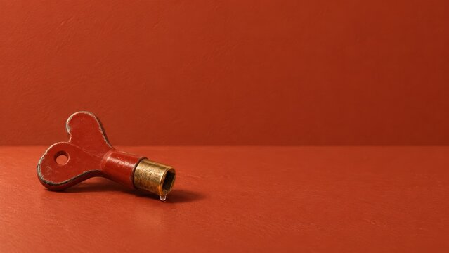 Radiator bleed key with a water drop resting on a textured surface, a weathered tool for winter home energy and heating maintenance with copy space