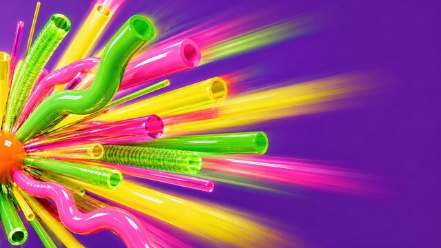 Colorful burst of glossy tubes and acrylic rods with motion blur on a violet background for postmodern design and branding