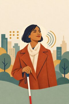Illustration of woman holding umbrella in city rain. Urban weather and rainy day concept. Climate adaptation, resilience and protection. Contemporary editorial illustration with copy space.