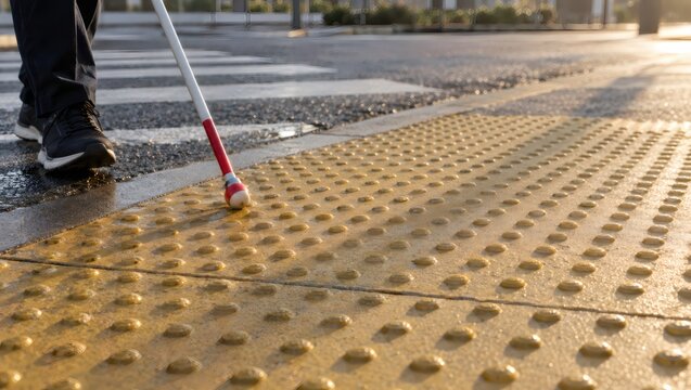 Person using a white cane on tactile paving at a pedestrian crossing. Blindness and accessibility awareness. Independent mobility and inclusive urban design. Assistive navigation concept