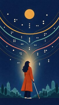 Woman with white cane looking up at stylized stars over city skyline. Blindness, visual impairment and accessibility awareness. Inclusion, independence and urban life concept.