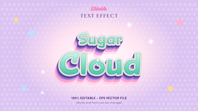 Sugar cloud kawaii text effect, editable puffy pastel mint letters with white sticker rim and lilac pink echo