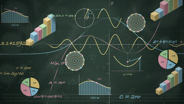 Mathematical formulas, calculus curves, 3D bar charts, and statistical diagrams on a dark chalkboard background for science education and data analytics procedurally created using JS , Canvas