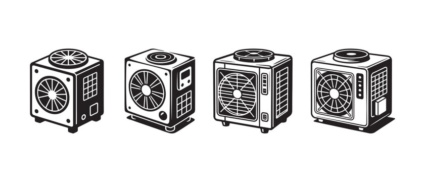 Air conditioner outdoor unit icon set, black and white line art vector illustration, HVAC cooling system equipment collection isolated on white background